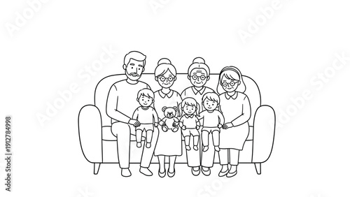 Happy family time: multigenerational family on sofa with kids and gran