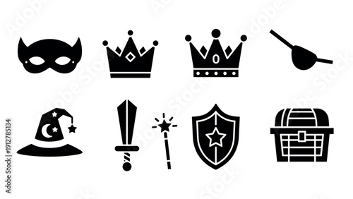 Fantasy adventure icons: crown sword wizard hat and more in bold silho