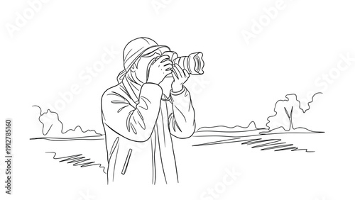 Linear drawing of outdoor photographer capturing nature with camera