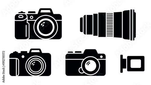 Silhouette set of photography cameras and lenses icons