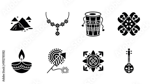 Traditional indian festival icons: cultural symbols in black silhouett