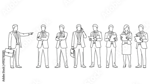 Linear business team in suits engaged in professional activities