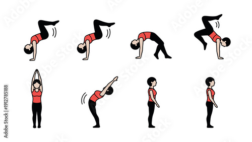 Animated yoga and fitness poses collection with diverse cartoon figure