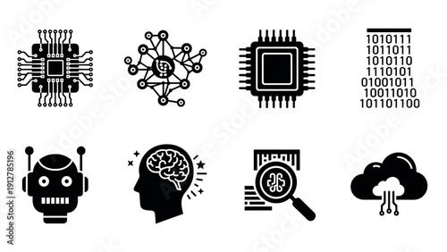 Black and white technology icons highlighting ai and data concepts