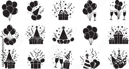 Black and white party celebration icons and symbols set
