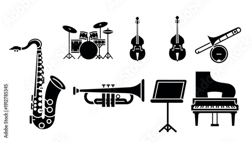 Collection of musical instrument silhouettes: jazz ensemble icons in m