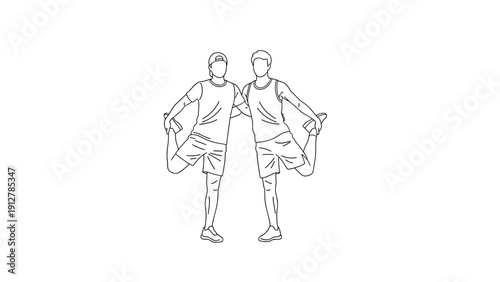 Linear drawing of two individuals stretching together in athletic wear