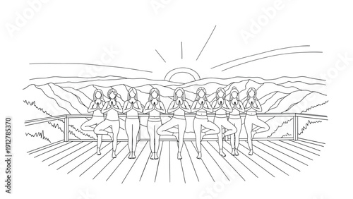 Group yoga session on scenic mountain deck with sunrise