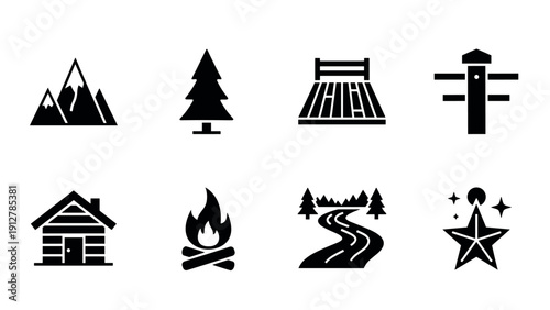 Outdoor adventure icons set: silhouette nature and camping symbols