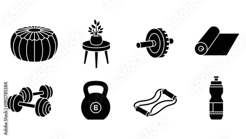 Silhouette icons of home gym equipment and accessories for fitness ent