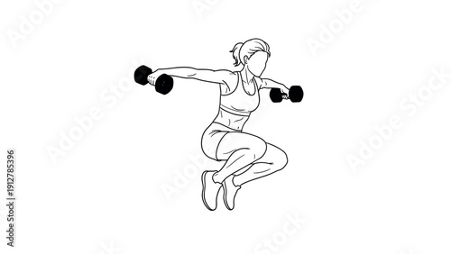 Dynamic workout: woman exercising with dumbbells in outline style