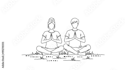 Minimalist line art of two people practicing yoga outdoors in meditati