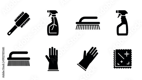 Silhouette icons of cleaning tools: brushes sprays gloves and cloths