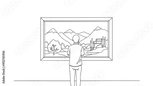 Person admiring mountain landscape in gallery setting
