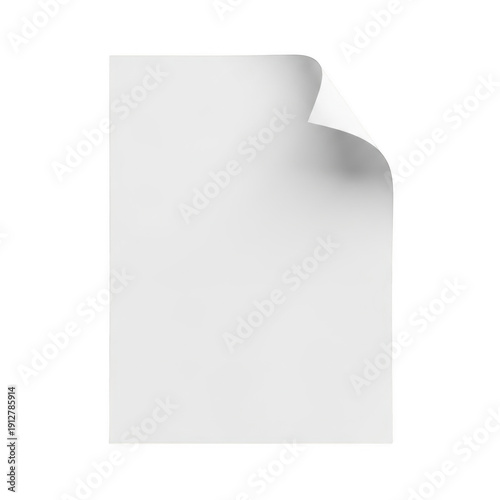 A blank white sheet of paper with a corner turned up slightly isolated on transparent background