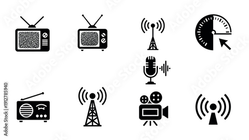 Vintage media and communication icons set in black and white silhouett