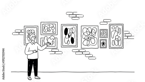 Curator presenting abstract art gallery exhibit in black and white doo
