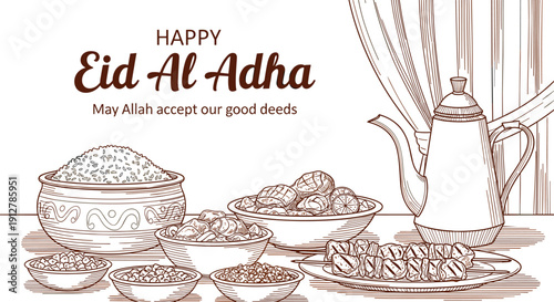 Happy Eid Al Adha vector line art illustration featuring a traditional festive feast with rice, meat dishes, kebabs, and a coffee pot for celebration.