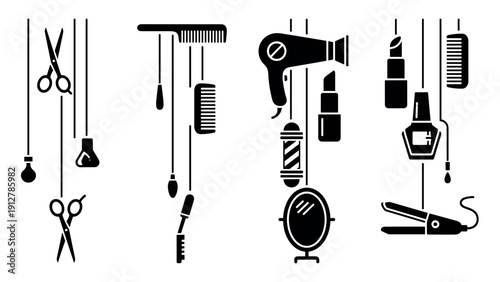 Hair and beauty tools hanging silhouette set for salon design themes