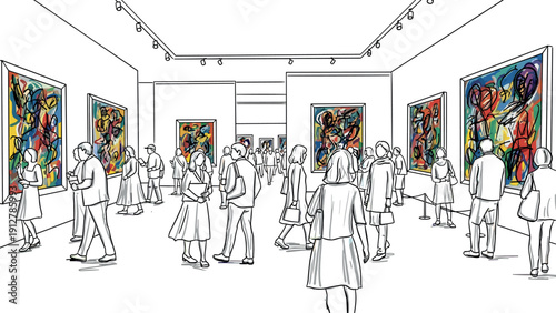 Contemporary art gallery with visitors observing vibrant paintings in 