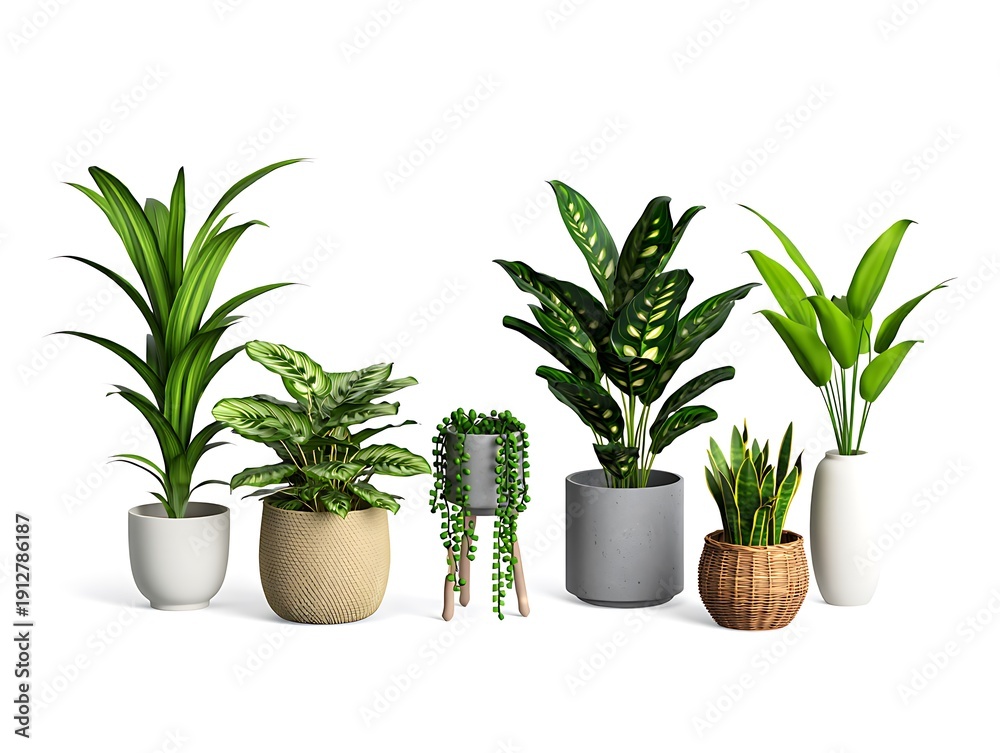 Fototapeta premium Collection of indoor houseplants in various stylish pots and containers