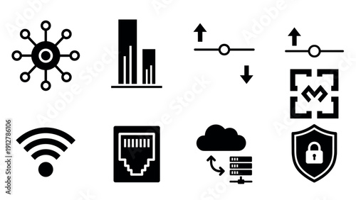 Black and white technology icons set for networking and data managemen