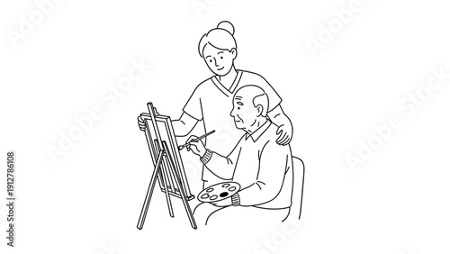 Elderly man painting with caregiver in a tranquil art session line art