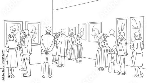 Art gallery exhibition with guests interacting with modern paintings i