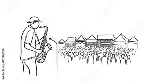 Saxophonist performing at outdoor music festival with audience and ten
