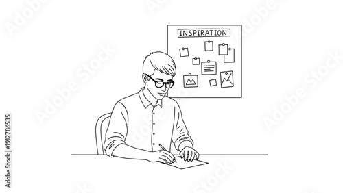 Linear workspace inspiration: person writing at desk with vision board