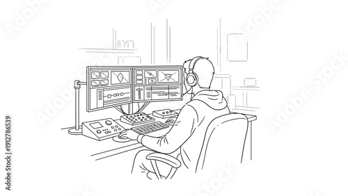 Video editor at work in modern studio with dual screens and headphones