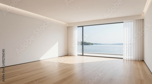 Bright Empty Modern Interior with Panoramic Window View of Lake, Hardwood Flooring and White Walls