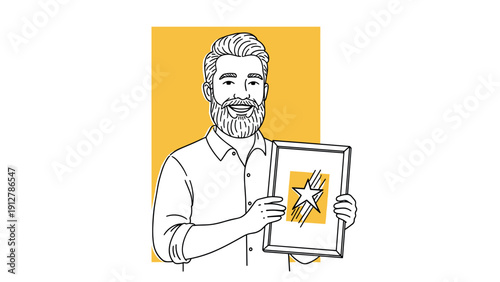 Hand-drawn portrait of smiling man holding framed star artwork on yell