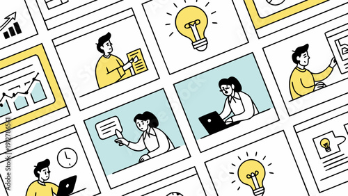 A comic strip with a man and light bulbs Vector