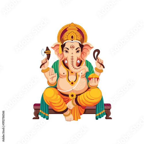 Illustration of a serene Ganesha sitting on a low wooden platform with a white background, wearing traditional Indian attire and jewelry, holding objects in both hands, conveying a peaceful