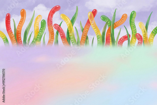 Surreal illustration of colorful gummy worm candy growing like grass against pastel purple sky with cloud for creative kids food background