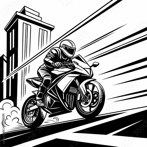 Motorcyclist speeding past a building on a city street Vector