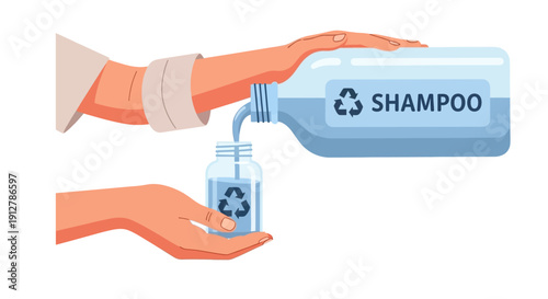 Hands Refilling Shampoo Bottle. Sustainable Zero Waste Concept, Eco-friendly Shopping and Bulk Buying Illustration with Recycling Symbols.