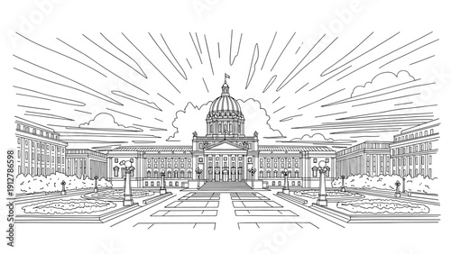 Classic architectural line art of a historic capitol building with rad