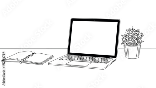Minimal workspace with laptop open notebook and plant in black and whi