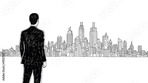 Businessman overlooks urban skyline with skyscrapers in hand-drawn sty