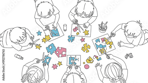 Children engaged in creative arts and crafts activity with scissors an