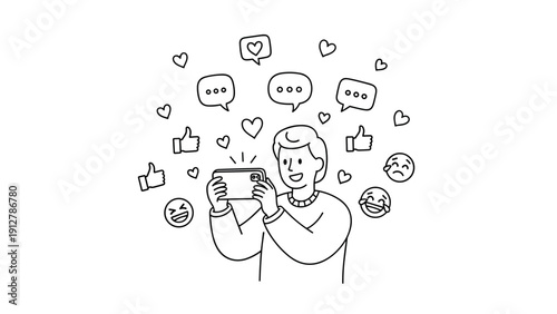 Engaging social media concept with emoji and chat in hand-drawn style