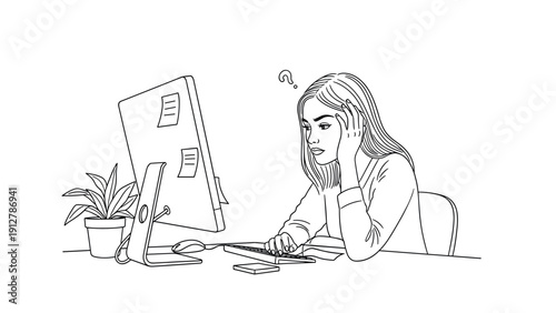 Confused woman at desk working on computer with question mark above he
