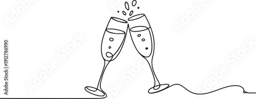 Continuous line champagne cheers one line art, continuous drawing contour. Toasting with wine glasses with drinks.one line victor illustration in white Background
