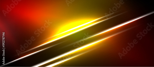 Abstract vibrant lines, warm colors dominate. Bright yellow focal point, dark background creates contrast. Modern digital art.
