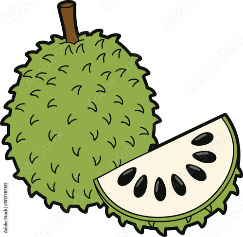 Soursop Fruit Whole and Slice Cartoon Vector Illustration of Fresh Tropical Custard Apple