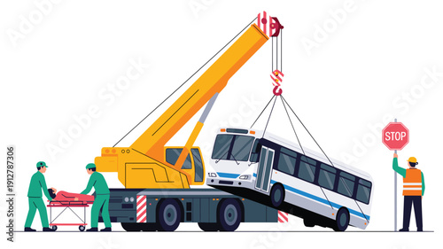 Flat Vector Side View of a Bus Being Salvaged by a Large Crane in an Urban Setting