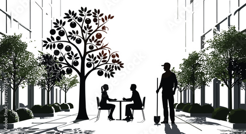 Silhouette of a Couple Dining Outdoors in a Sustainable Urban Garden with Fruit Trees and a Gardener Maintaining Eco Friendly City Green Space