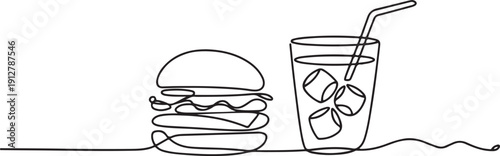 continuous one line art of a burger and a glass filled with water and ice cubes and a straw.one line victor illustration in white Background